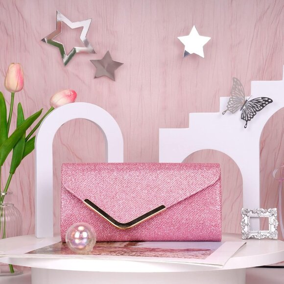 Women's Pink Shiny Sequin Envelope Clutch Evening Bag With Chain Fashion Sparkly - Picture 2 of 7
